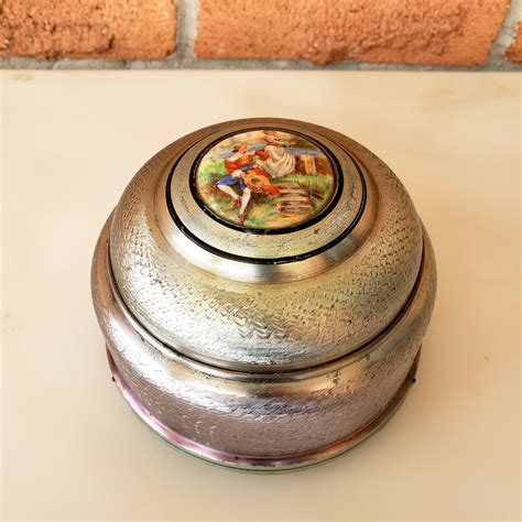 vintage metal powder box with blue design|vintage powder puff box.